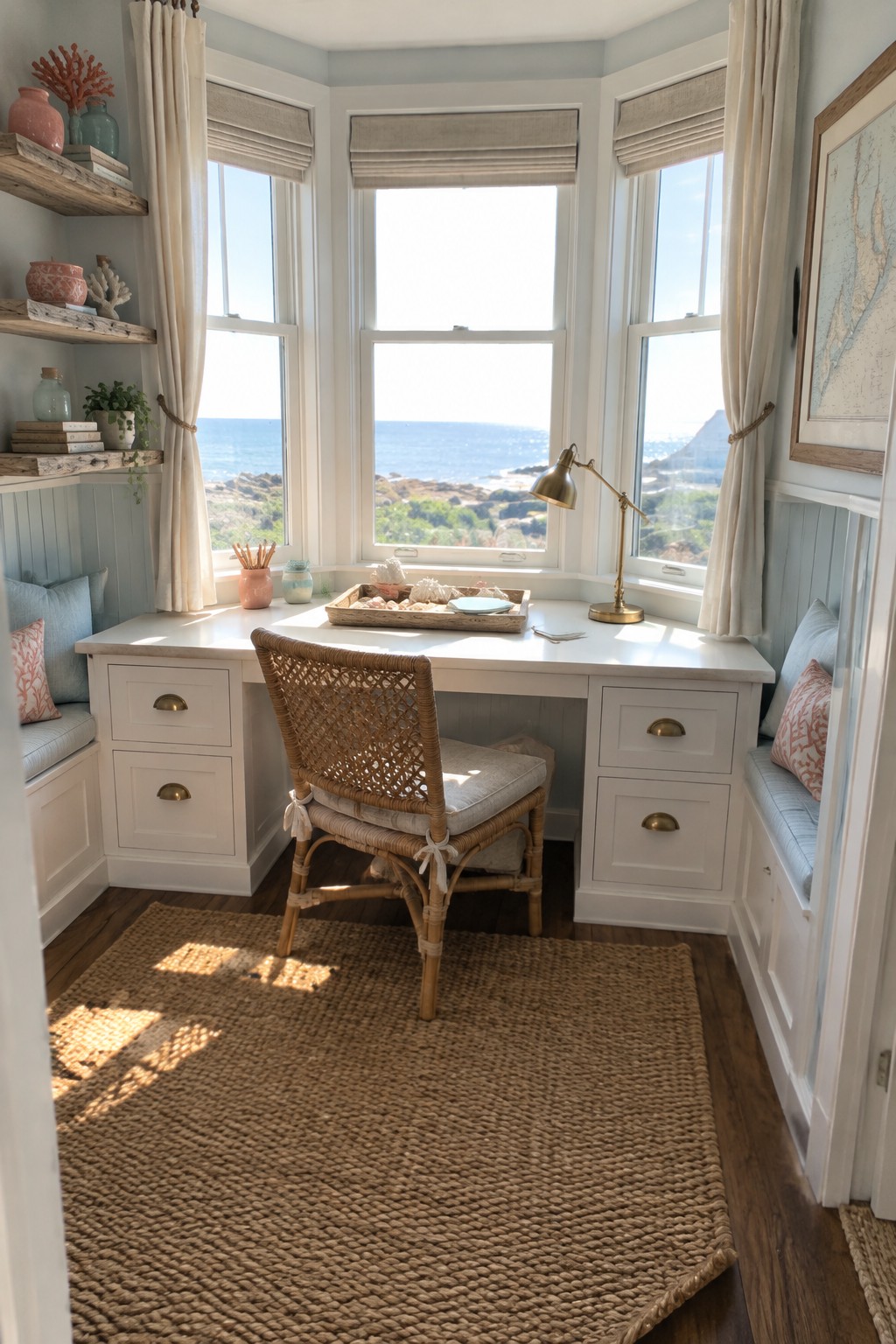 Cozy coastal workspace with white desk, rattan chair, jute rug, and ocean view