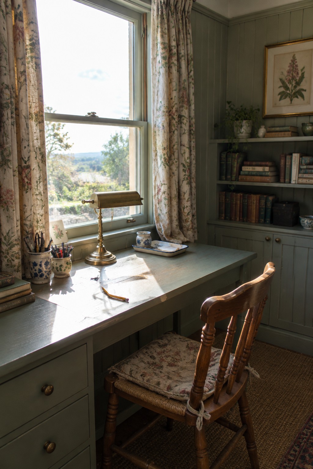 A sage green desk placed directly against a large window with floral curtains, holding a brass lamp and small desk items, with a wooden chair pulled up and bookshelves visible to the right.