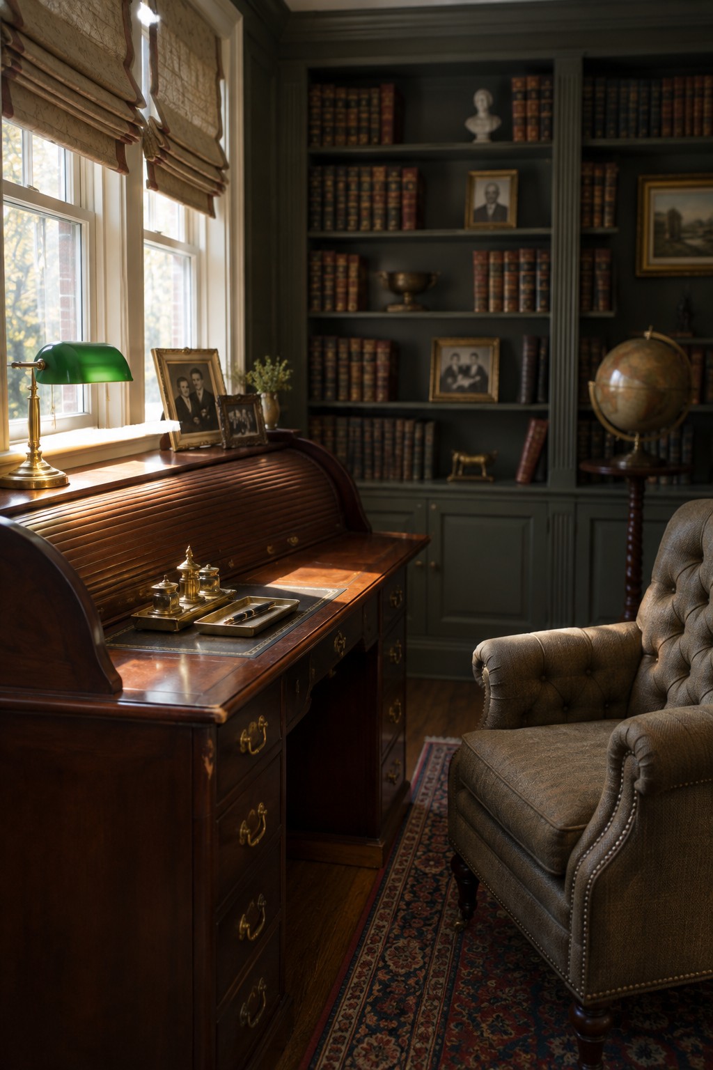 A wooden roll-top desk with brass handles sits under two tall windows in a dark green office, with built-in bookshelves, framed photos on the desk, a tufted armchair, and a globe on a stand.