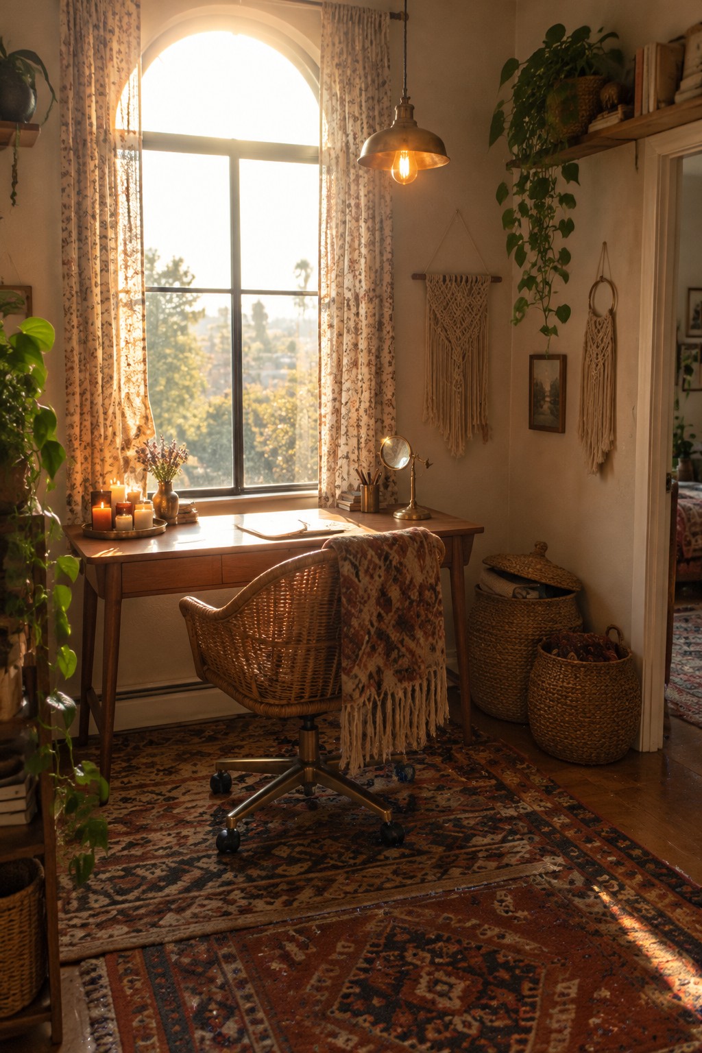 A home office with a wooden desk and wicker chair placed in front of a large arched window with floral curtains, surrounded by plants, candles, woven baskets, and layered rugs.