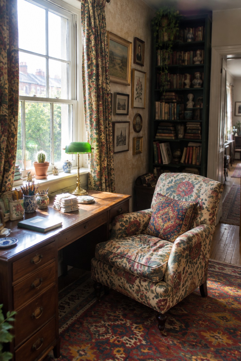 Cozy sunlit study with floral armchair, wooden desk, green lamp, and bookshelves.