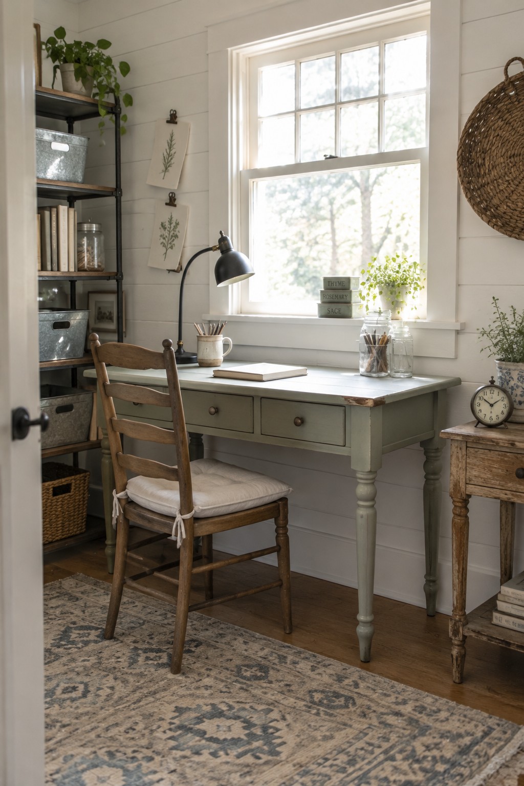 A sage green desk sits under a large window in a white-walled room, with a wooden chair pulled up and open shelves visible to the left.