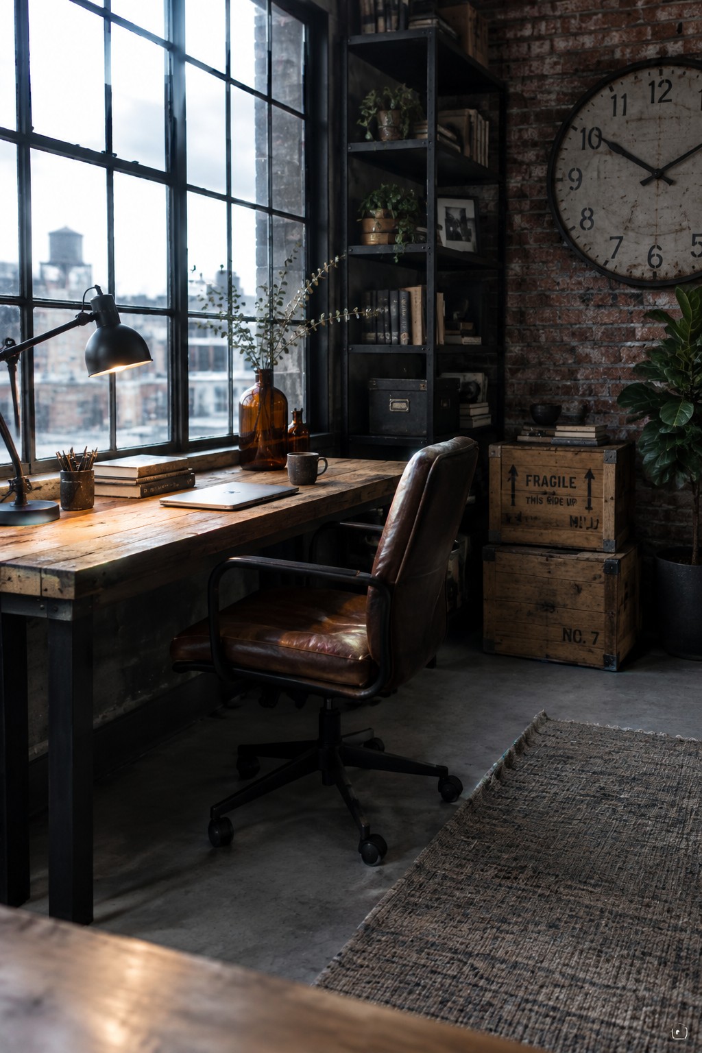 Industrial office with wooden desk, leather chair, brick wall clock, and large window.