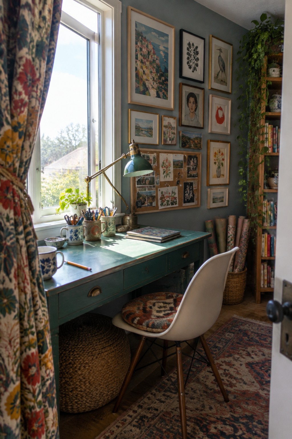 Teal desk with green lamp by window, gallery wall, white chair, and bookshelf.