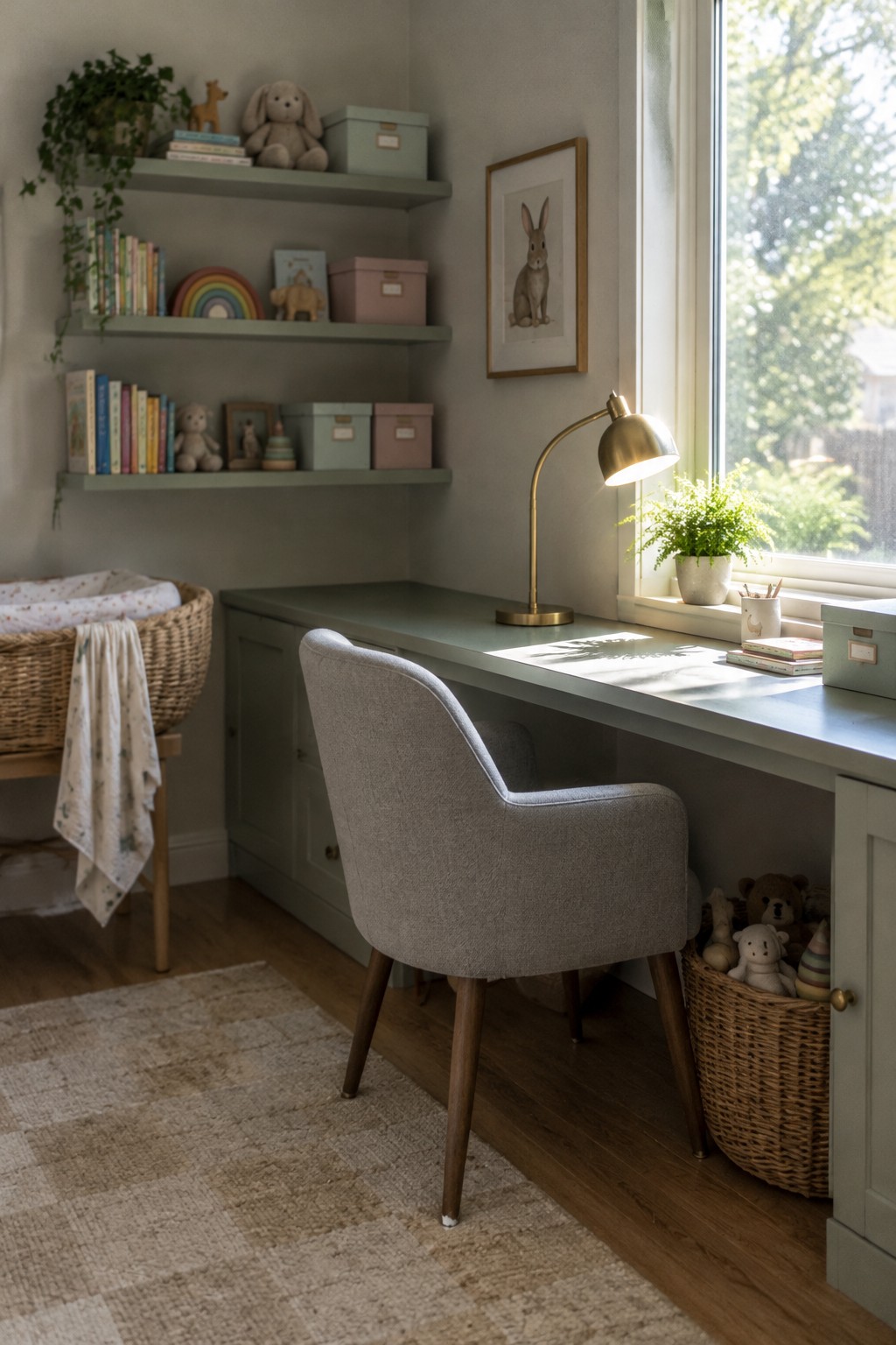 A gray upholstered desk chair faces a sage green desk positioned directly in front of a large window, with built-in shelves holding books, toys, and storage boxes to the left.