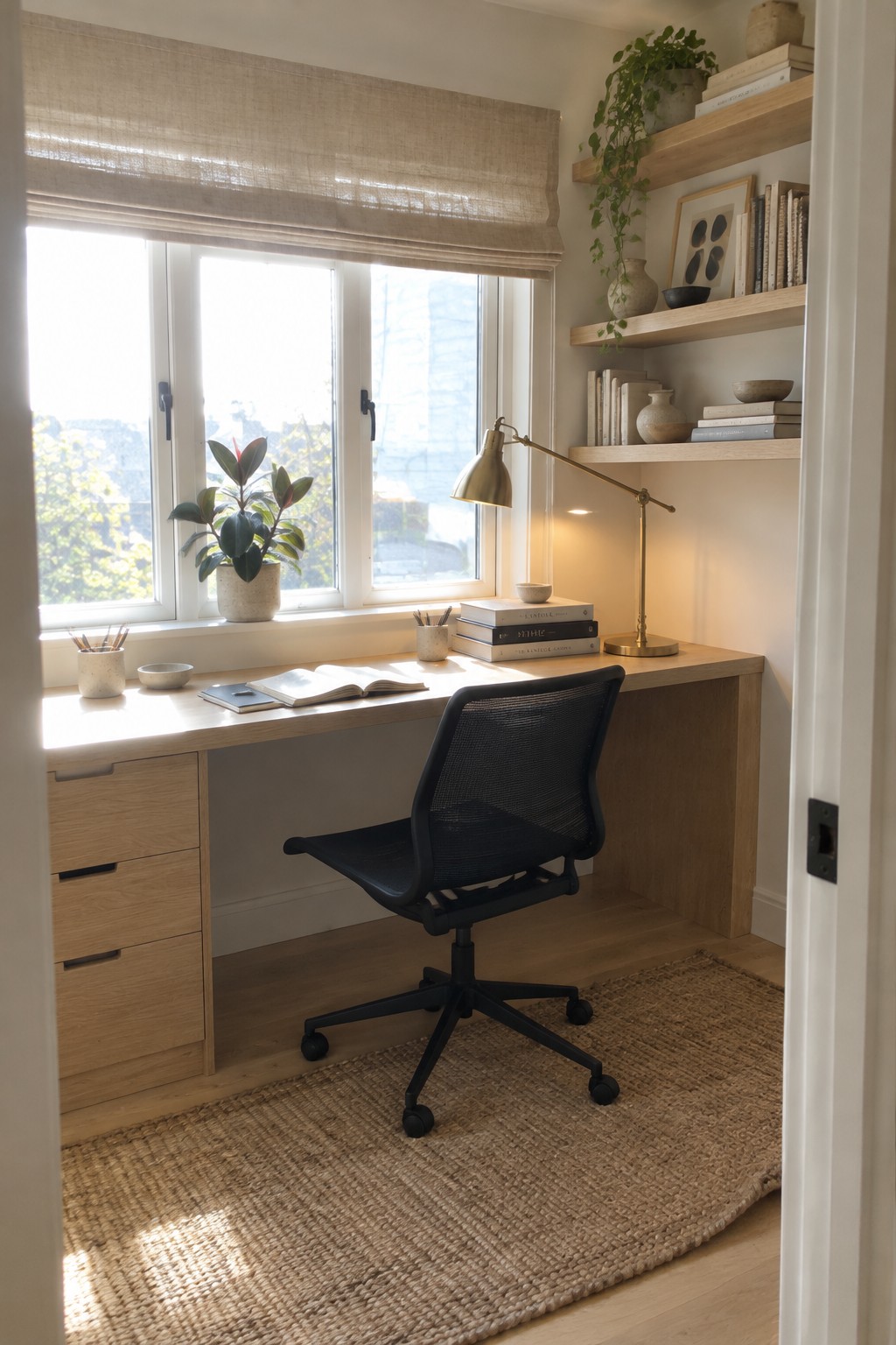 A home office featuring a light wood desk placed directly in front of a large window, with a black mesh office chair on a woven rug and floating wooden shelves on the right wall.