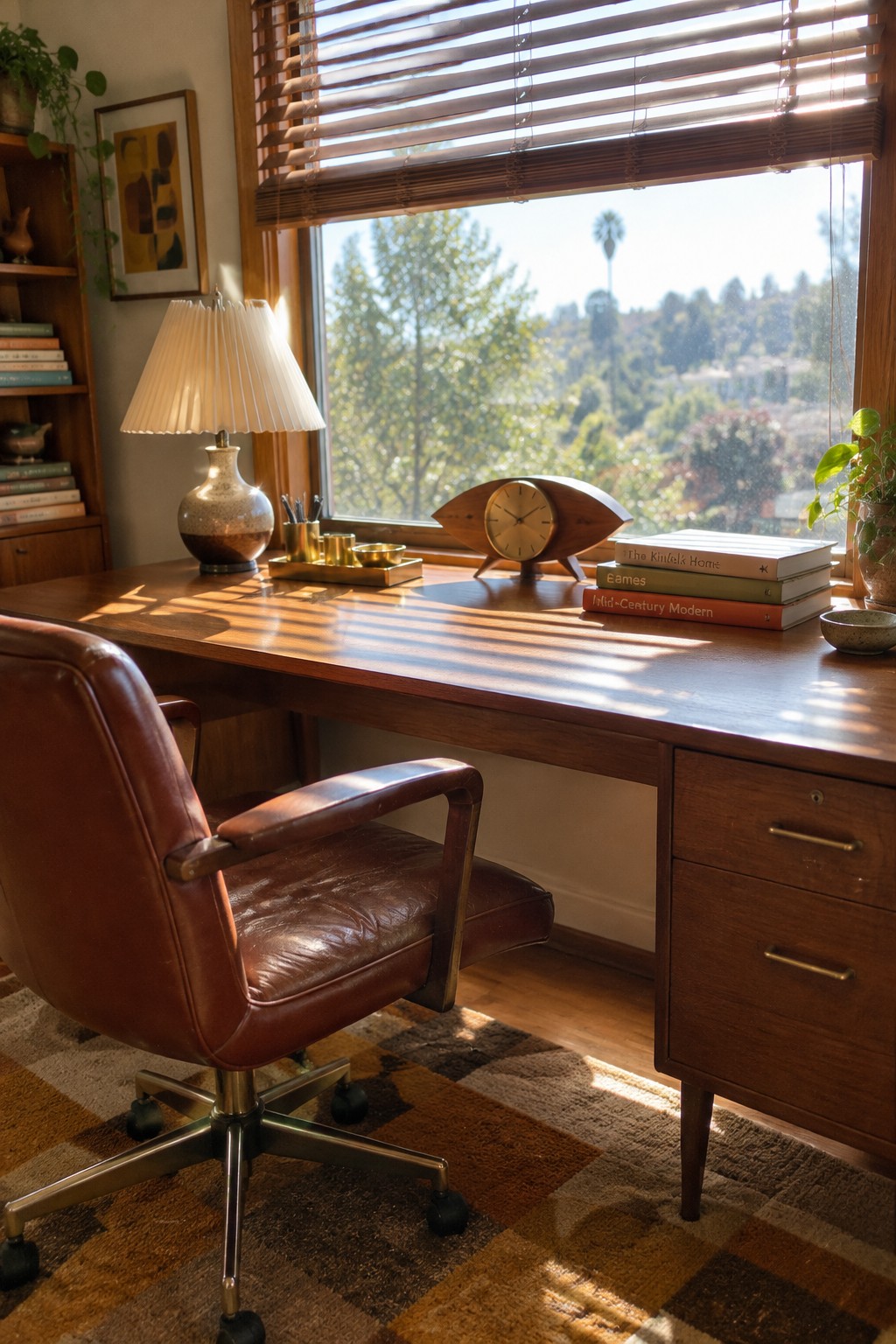 Mid-century wooden desk with leather chair, lamp, books, and clock by sunny window.