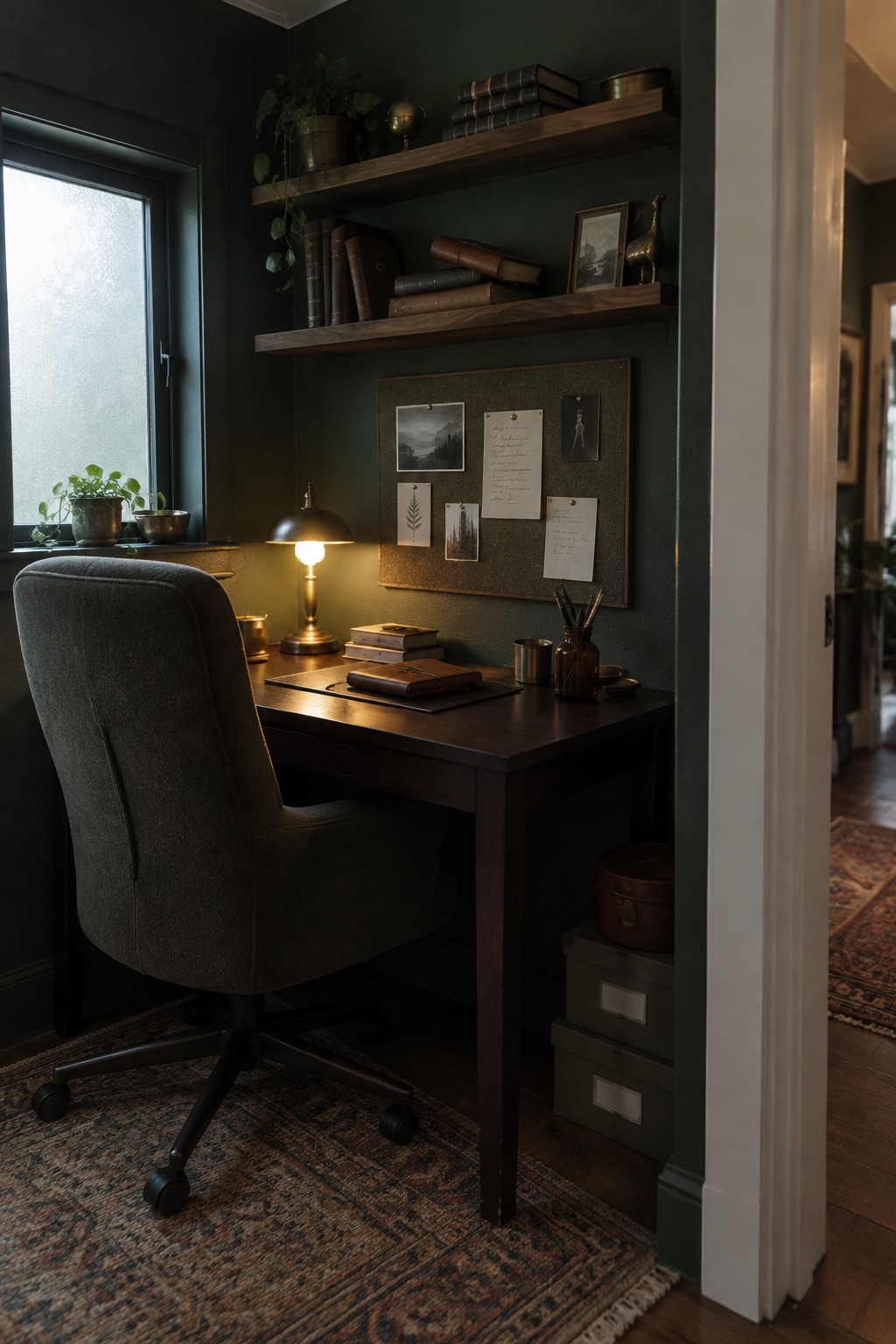 A home office featuring a dark wood desk placed beside a window, with a gray upholstered chair, a lit desk lamp, floating wooden shelves, and a corkboard on a dark green wall.