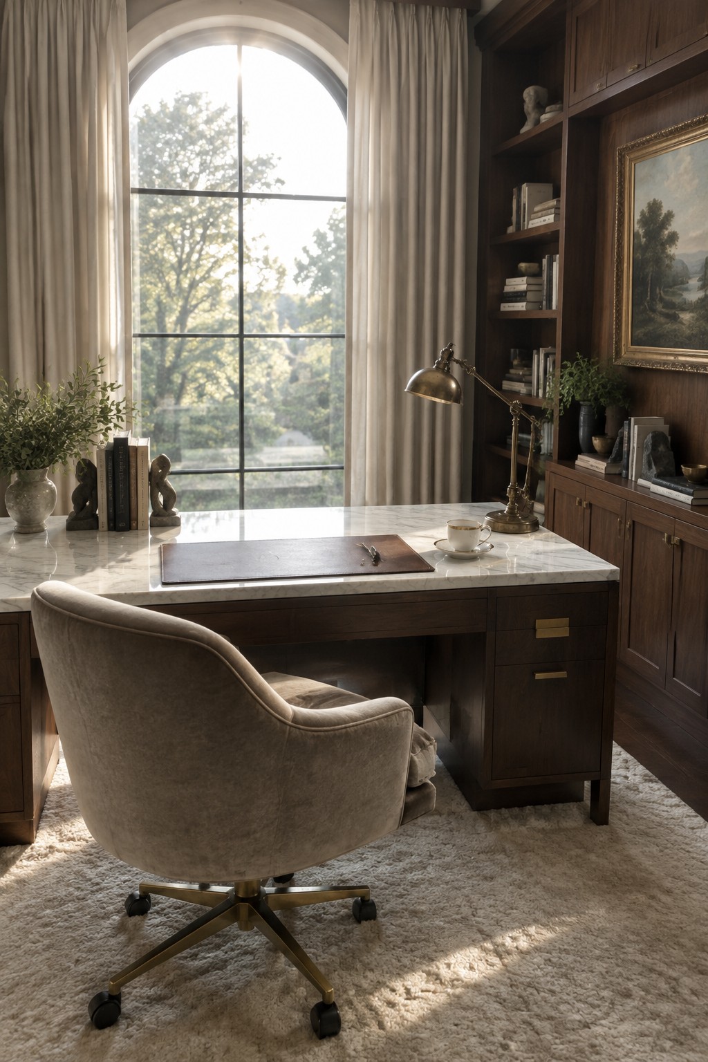 A home office with a dark wood desk and upholstered swivel chair centered in front of a large arched window with sheer curtains.