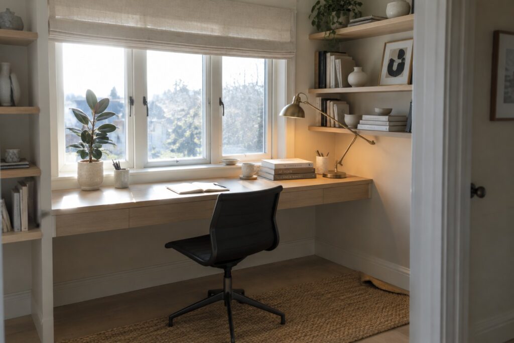 A home office featuring a light wood desk placed directly in front of a large window, with a black mesh office chair on a woven rug and floating wooden shelves on the right wall.
