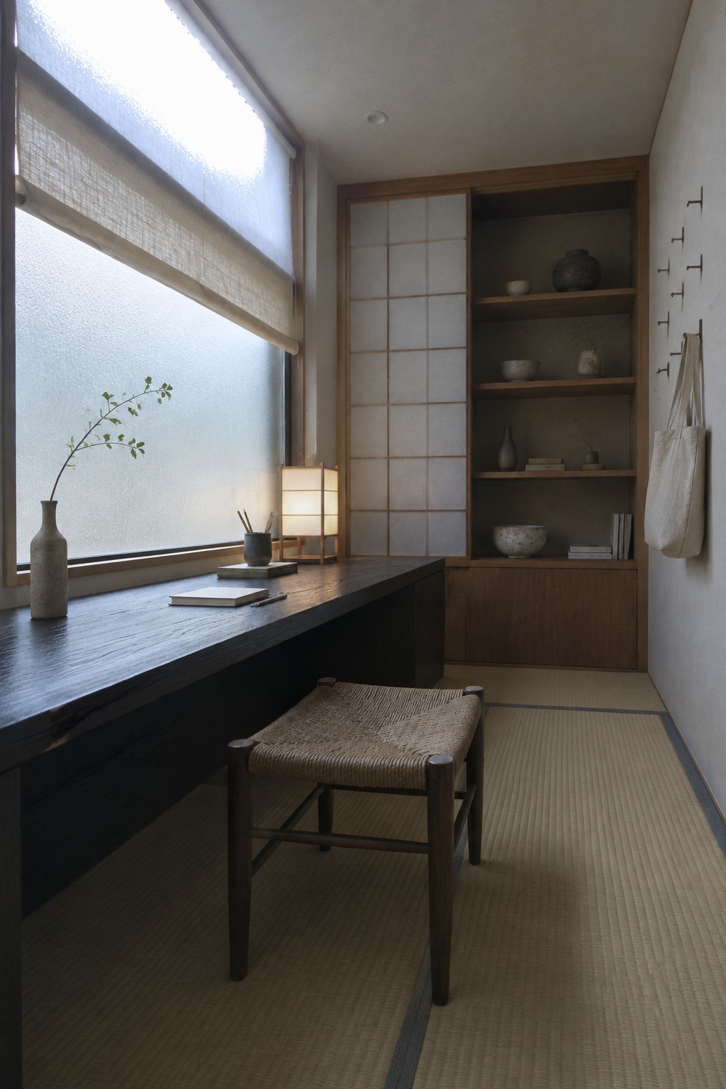 Japanese study with wooden desk, woven stool, shoji screen, and tatami floor