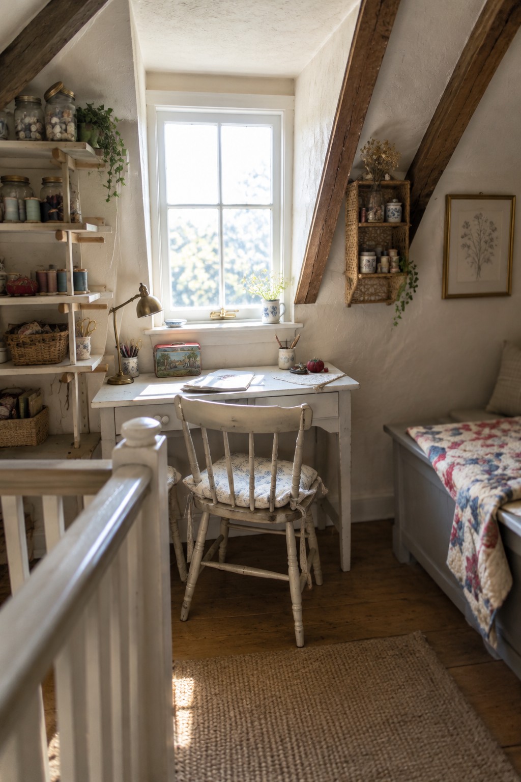 A white desk and wooden chair placed directly in front of a window in an attic room with sloped ceiling, wooden beams, and open shelves holding jars and supplies.