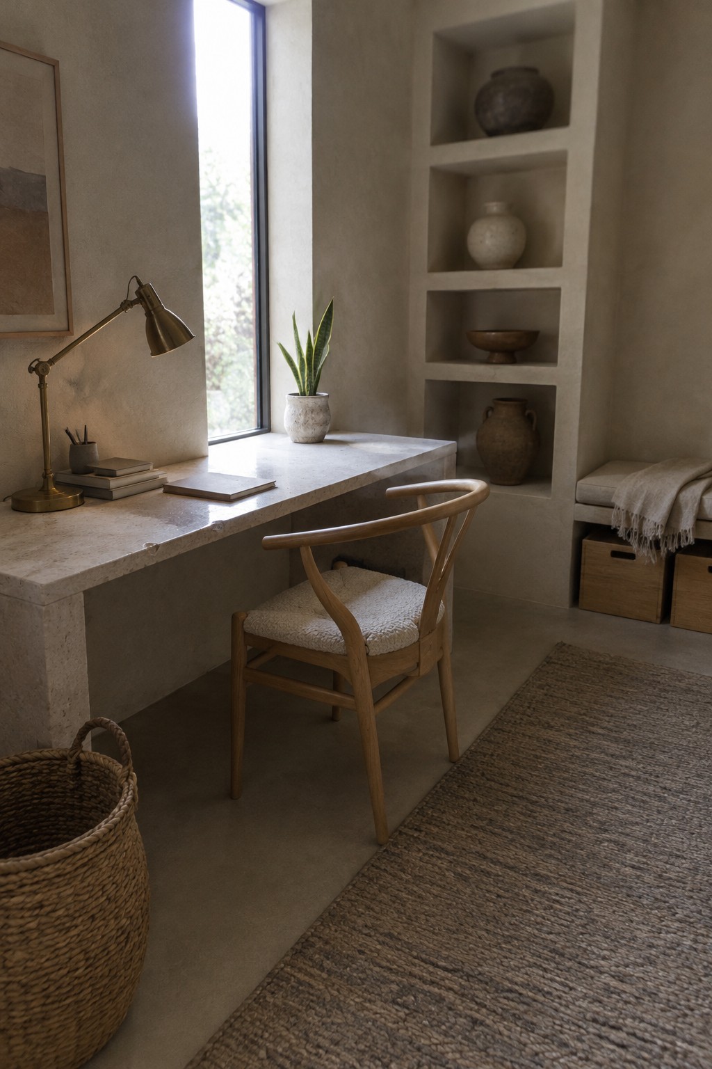 A minimalist home office with a stone desk positioned beside a tall window, a wooden chair with a white seat cushion, and built-in wall niches holding pottery and a bowl.