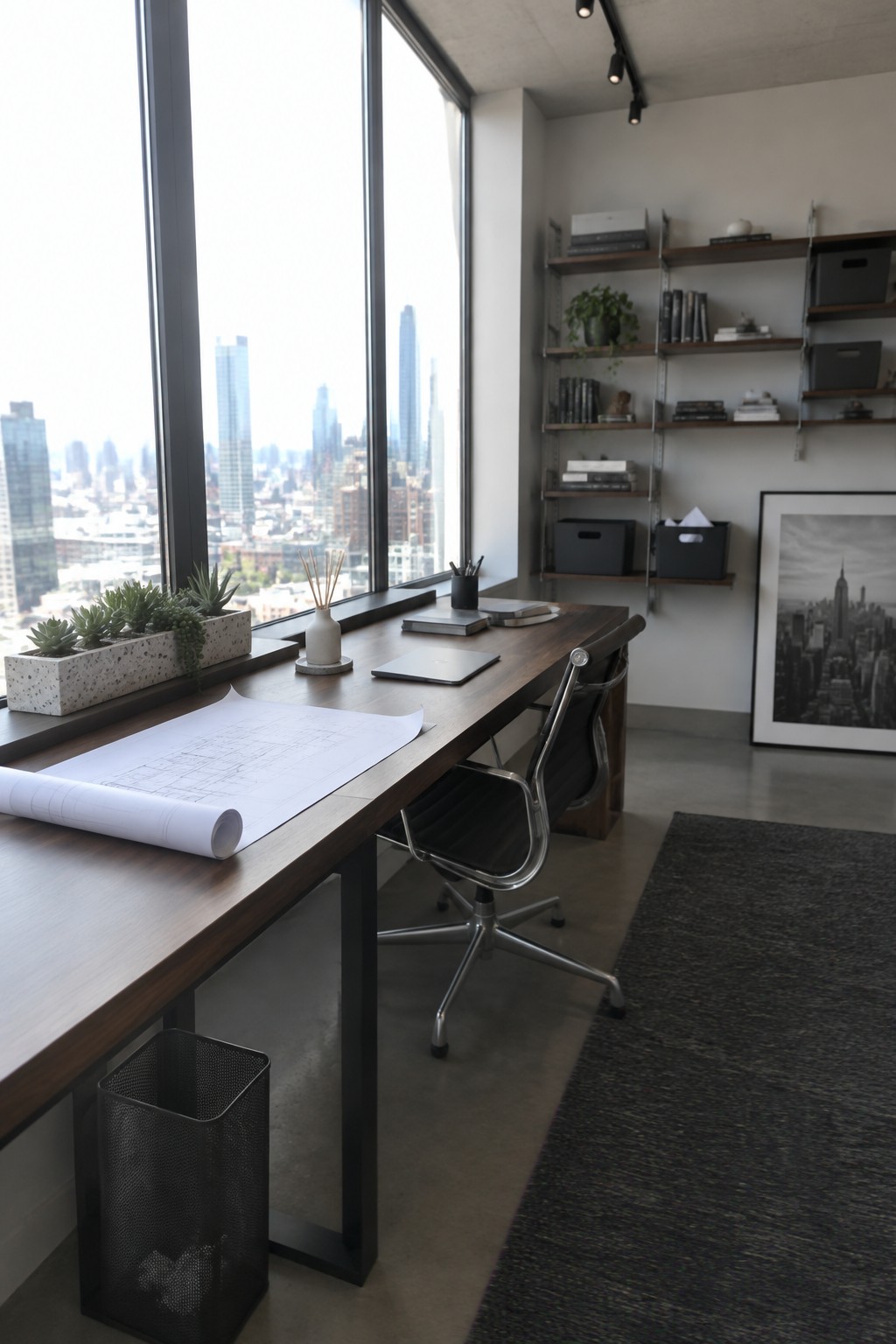 A home office with a long wooden desk placed directly in front of large floor-to-ceiling windows overlooking a city skyline, with a laptop, papers, and a black office chair visible.