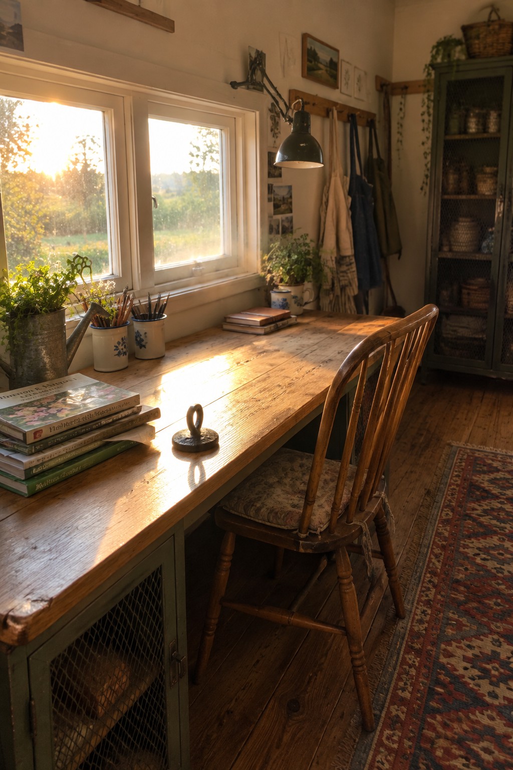 A long wooden desk sits directly beneath two windows in a rustic room, with sunlight streaming across the surface and a wooden chair tucked in front.