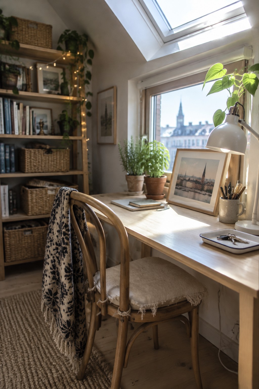 Cozy wooden desk with woven chair, patterned blanket, plants, lamp, and city view