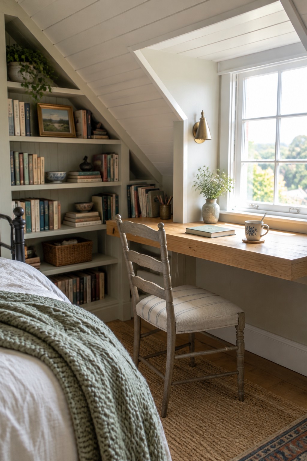 A light wood floating desk with a wooden chair positioned under a window next to built-in bookshelves in a bedroom.