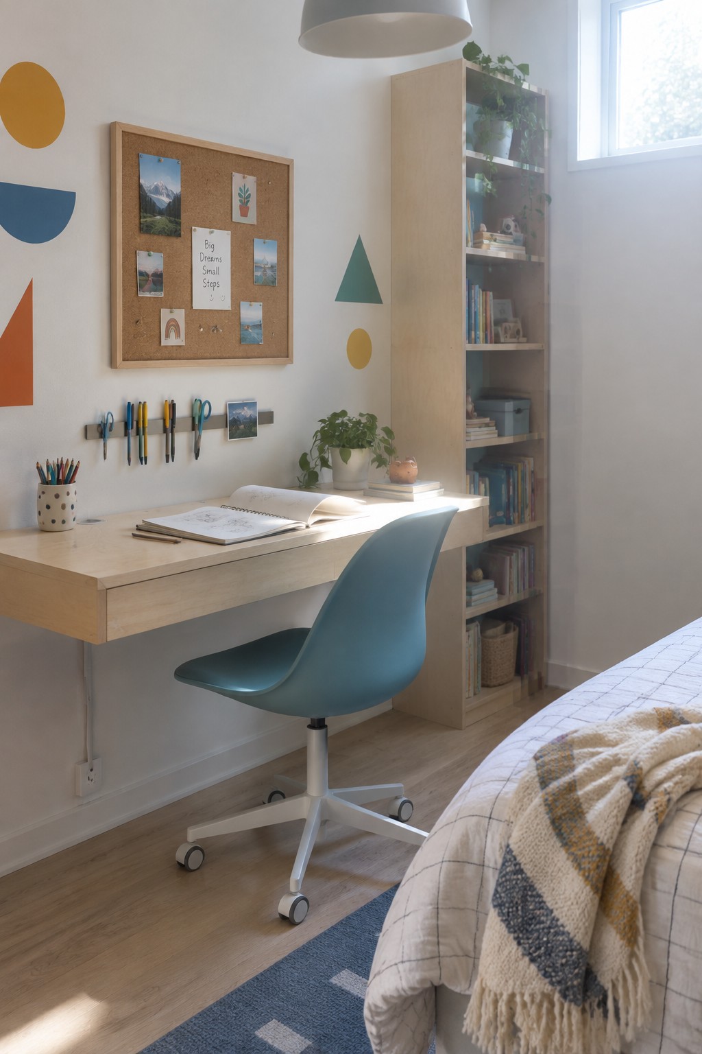 A light wood floating desk with a blue swivel chair sits beneath a corkboard in a bedroom, next to a tall light wood bookshelf unit.