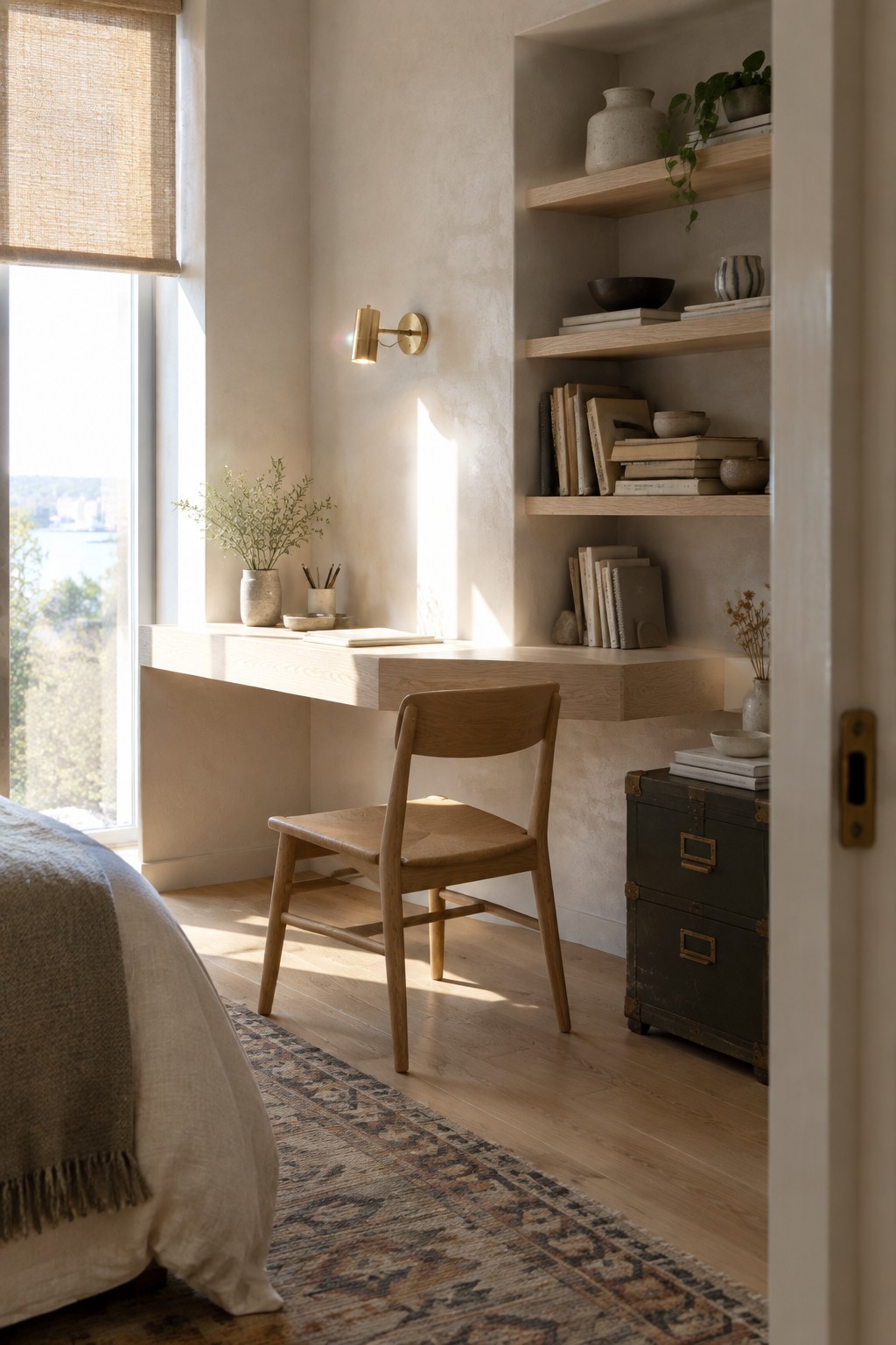 Wooden desk and chair in sunlit alcove with floating shelves, books, and brass sconce.