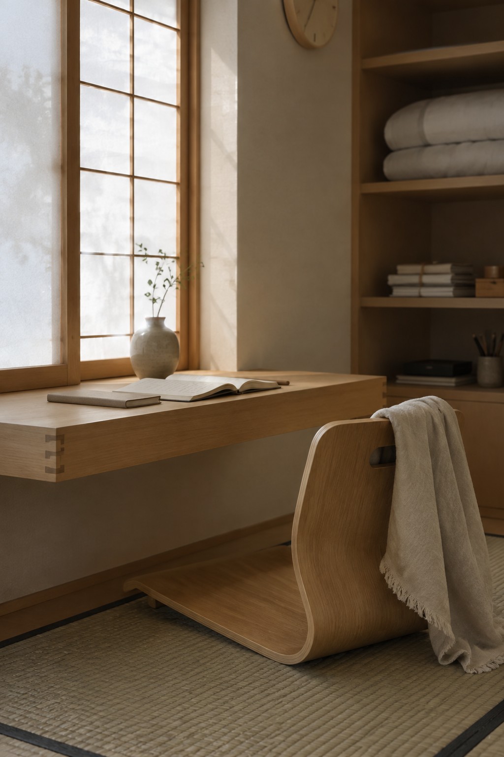 A light wood floating desk mounted beneath a shoji window, holding an open book and small vase, with a curved wooden chair and draped cloth beside it on a tatami mat.