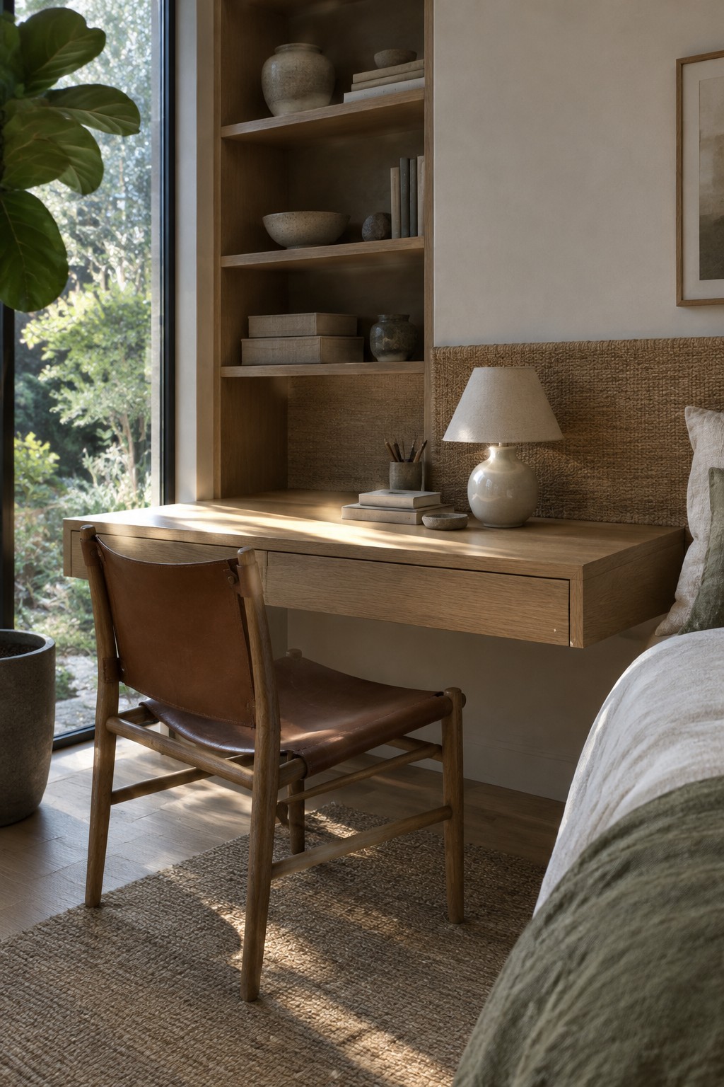 A light wood floating desk with a single drawer sits beneath open shelves in a bedroom, next to a bed with a woven headboard and a brown leather chair in front of the desk.