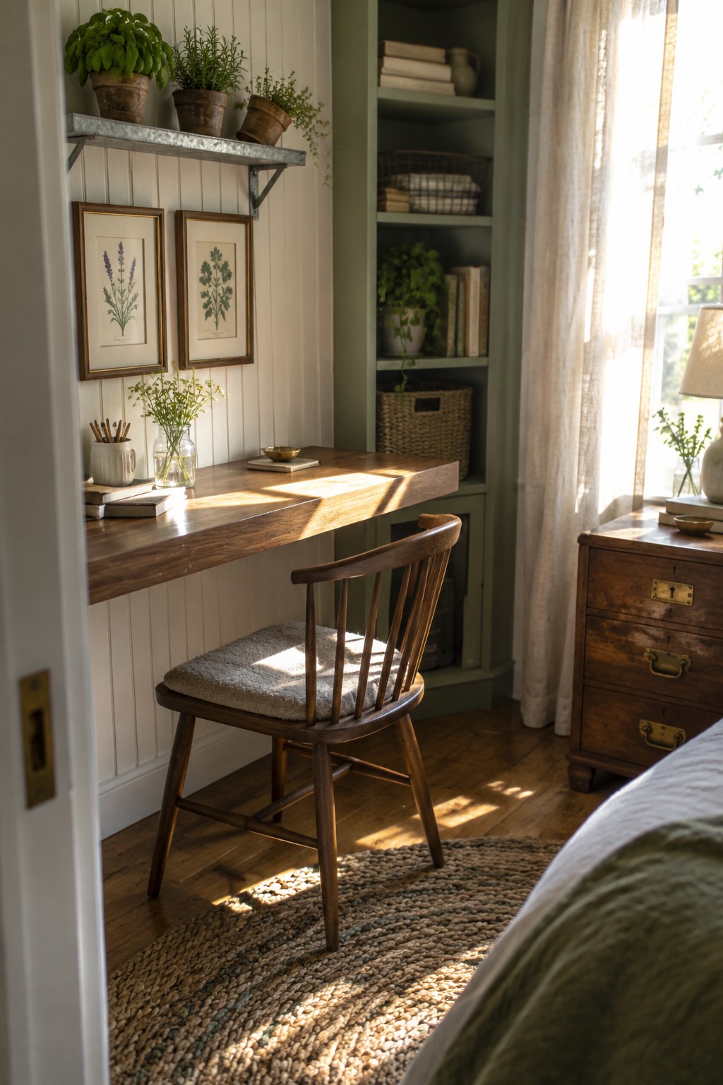 A wooden floating desk mounted on a white wall with a wooden spindle chair on a woven rug in a bedroom corner next to built-in green shelves.