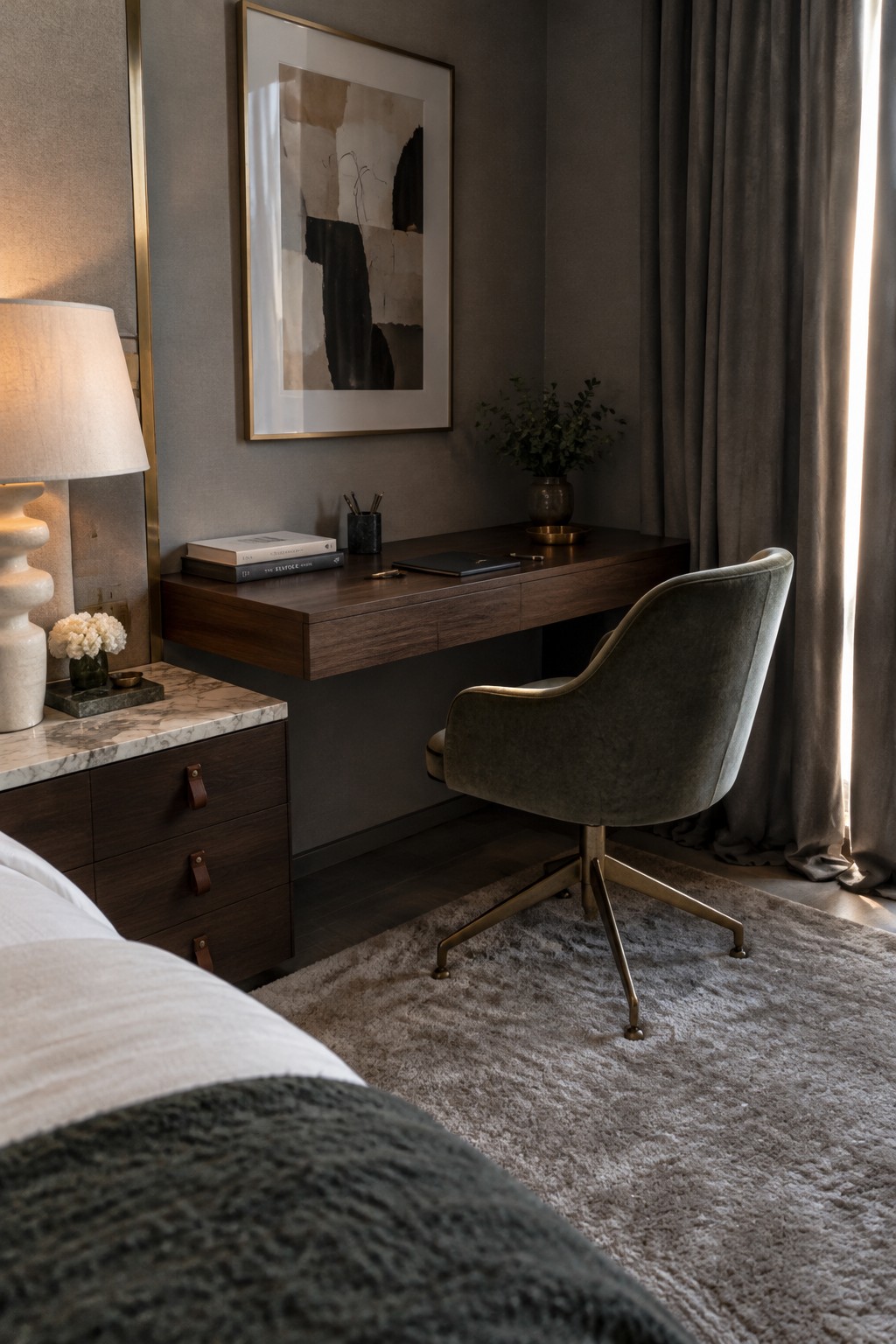 A bedroom corner with a floating dark wood desk mounted on a gray wall, a green velvet swivel chair, and a marble-topped wood dresser holding a lamp and flowers.