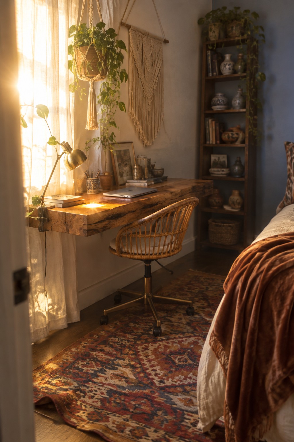 A bedroom corner with a floating live-edge wood desk holding a laptop and books, a woven swivel chair, hanging plants, a macrame wall hanging, and a tall wooden shelf with pottery and books.