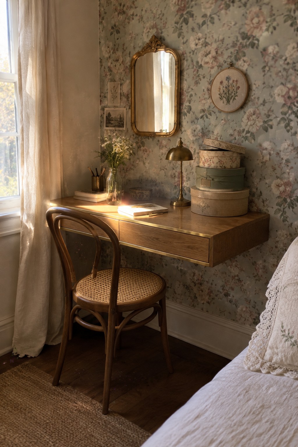 A wooden floating desk with brass trim mounted on floral wallpaper in a bedroom corner, next to a window and a wooden chair with a woven seat.