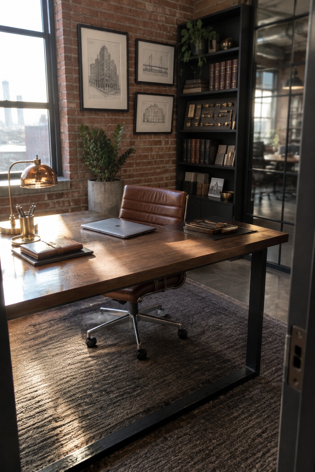 A home office featuring a large wooden desk with a brown leather swivel chair, a laptop, desk lamp, and black bookshelf against an exposed brick wall.