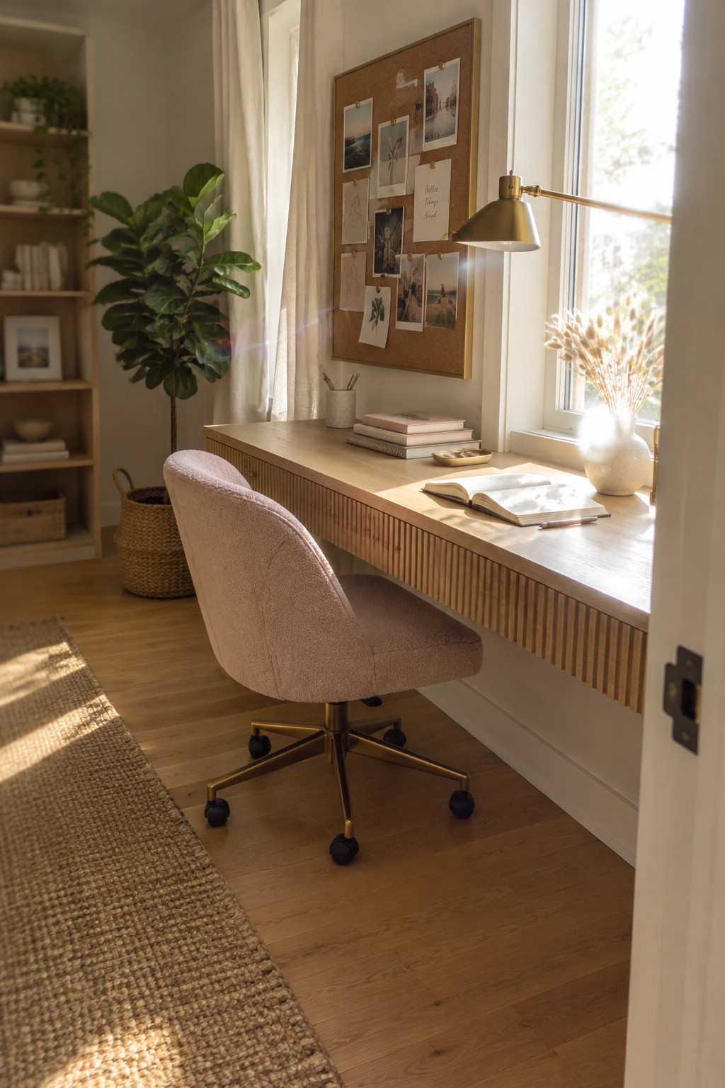 A light wood floating desk with a pink upholstered swivel chair, a corkboard with pinned photos and notes above it, and an open notebook on the desk near a window.