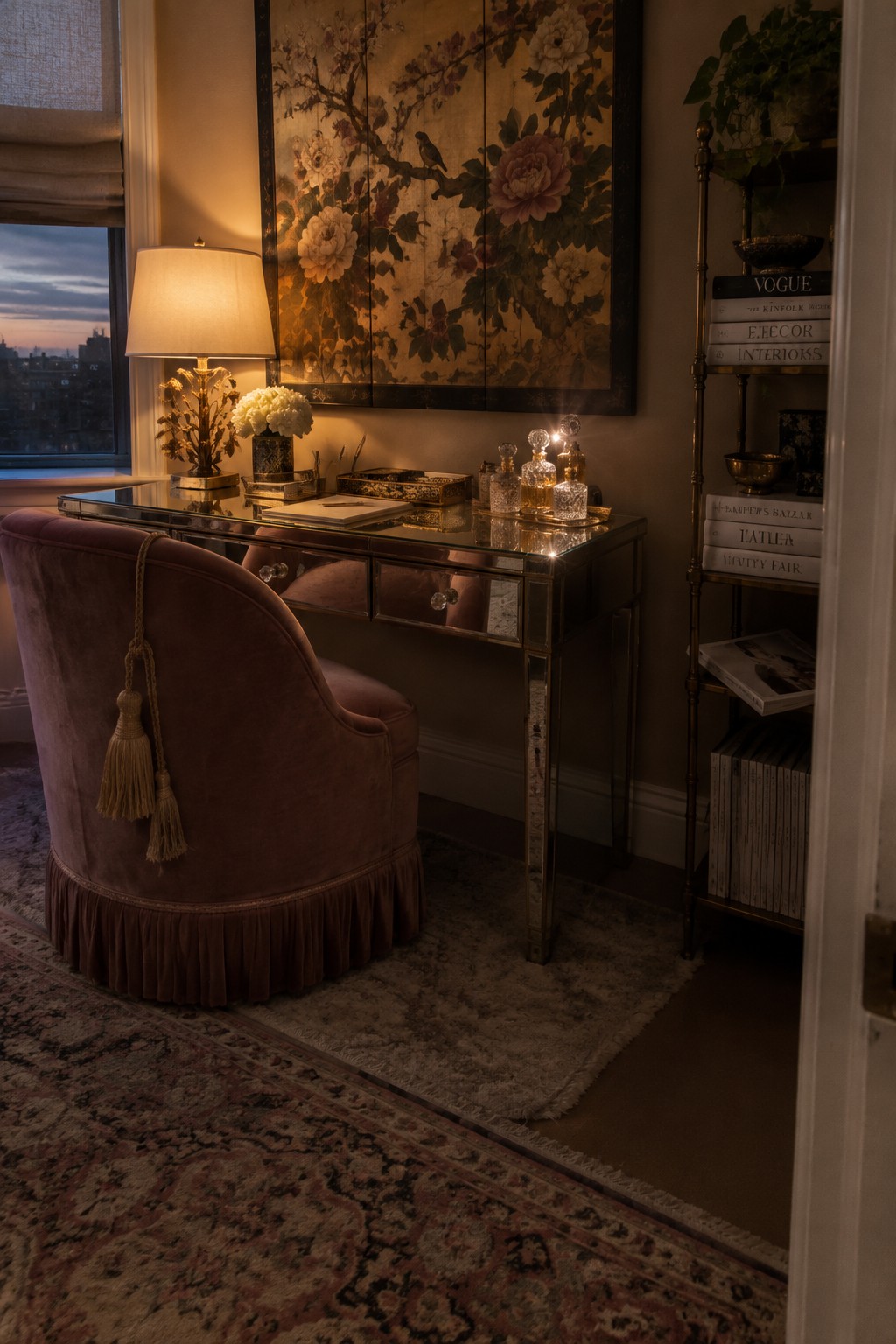 A home office corner shows a mirrored desk with a dusty rose velvet chair, a large floral painting above it, a lit table lamp, and a brass shelf holding stacked magazines.