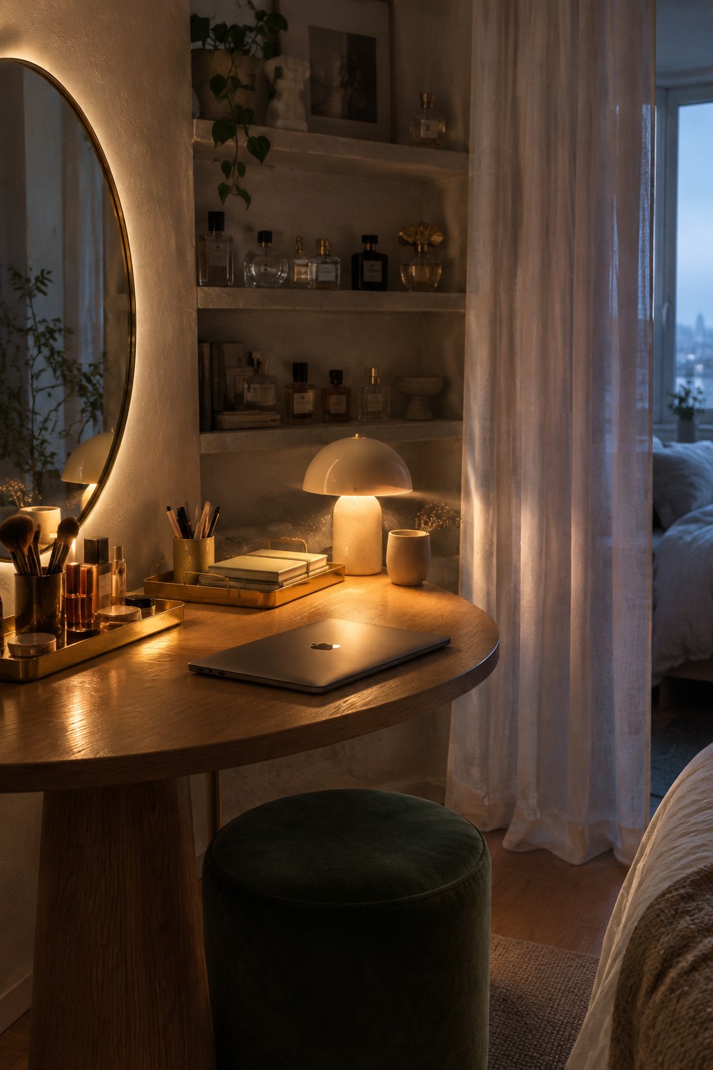 A wooden round desk with a laptop and white dome lamp sits in a bedroom corner, with a green velvet stool underneath and shelves holding perfume bottles above.