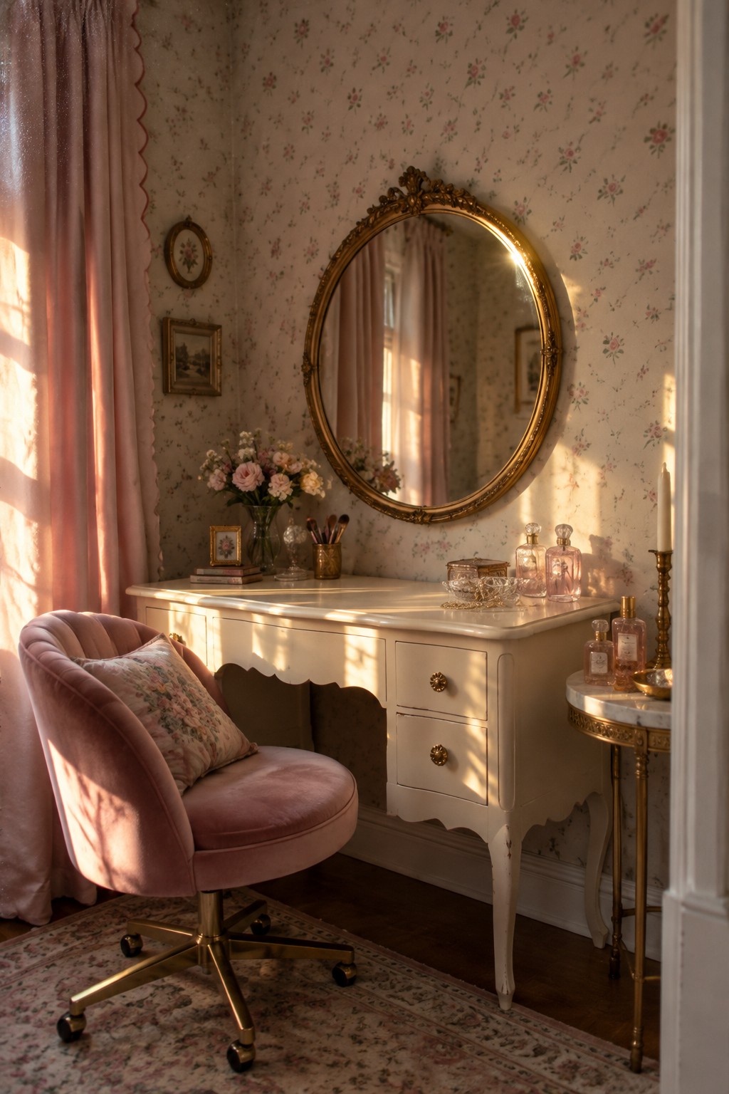 A white vintage vanity desk with scalloped edges and drawers sits under a large round gold mirror against floral wallpaper, paired with a pink velvet swivel chair on a patterned rug.