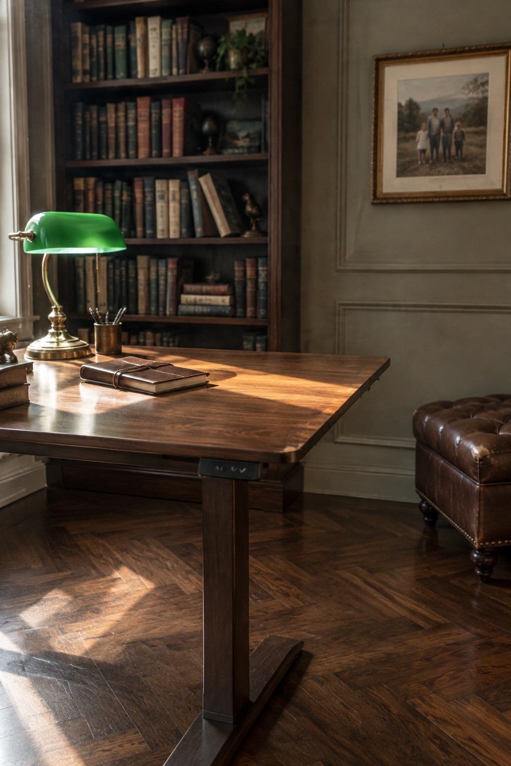 A wooden standing desk with a green lamp and closed notebook on top, set in front of a filled bookshelf in a home office.