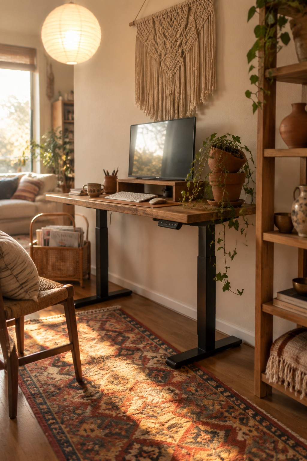 A wooden standing desk with black legs holds a monitor on a wooden riser, a wireless keyboard and mouse, and several potted plants in a sunlit room with a patterned rug and sofa in the background.