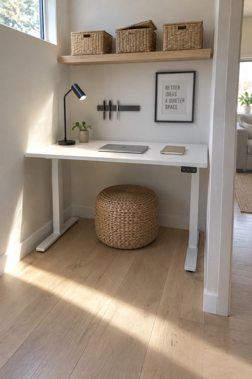 A white standing desk against a light wall with a laptop and notebook on top, a black desk lamp and small plant nearby, a woven stool underneath, and a wooden floating shelf holding three woven baskets above.