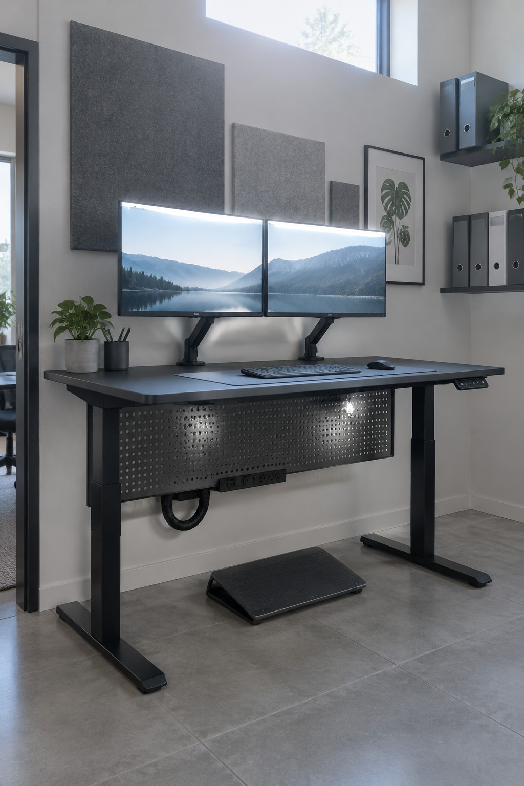 Black adjustable standing desk with dual monitors and footrest in bright office