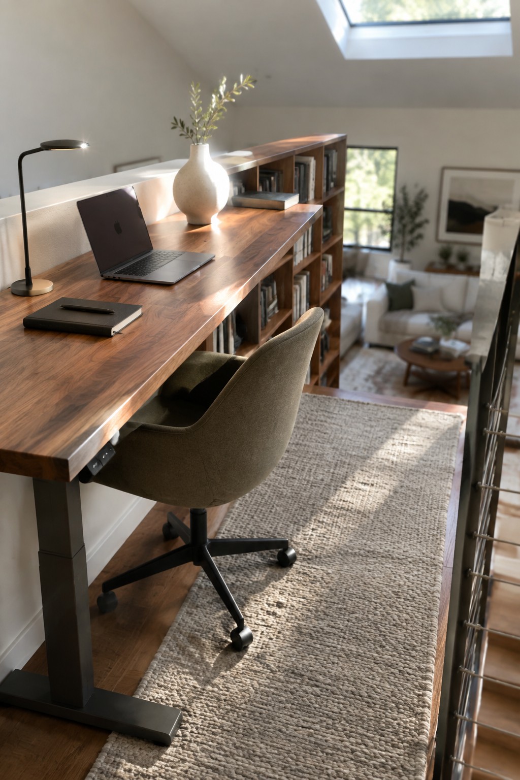 A long wooden standing desk with a laptop and notebook on top, positioned along a railing with open bookshelves underneath, overlooking a living area.