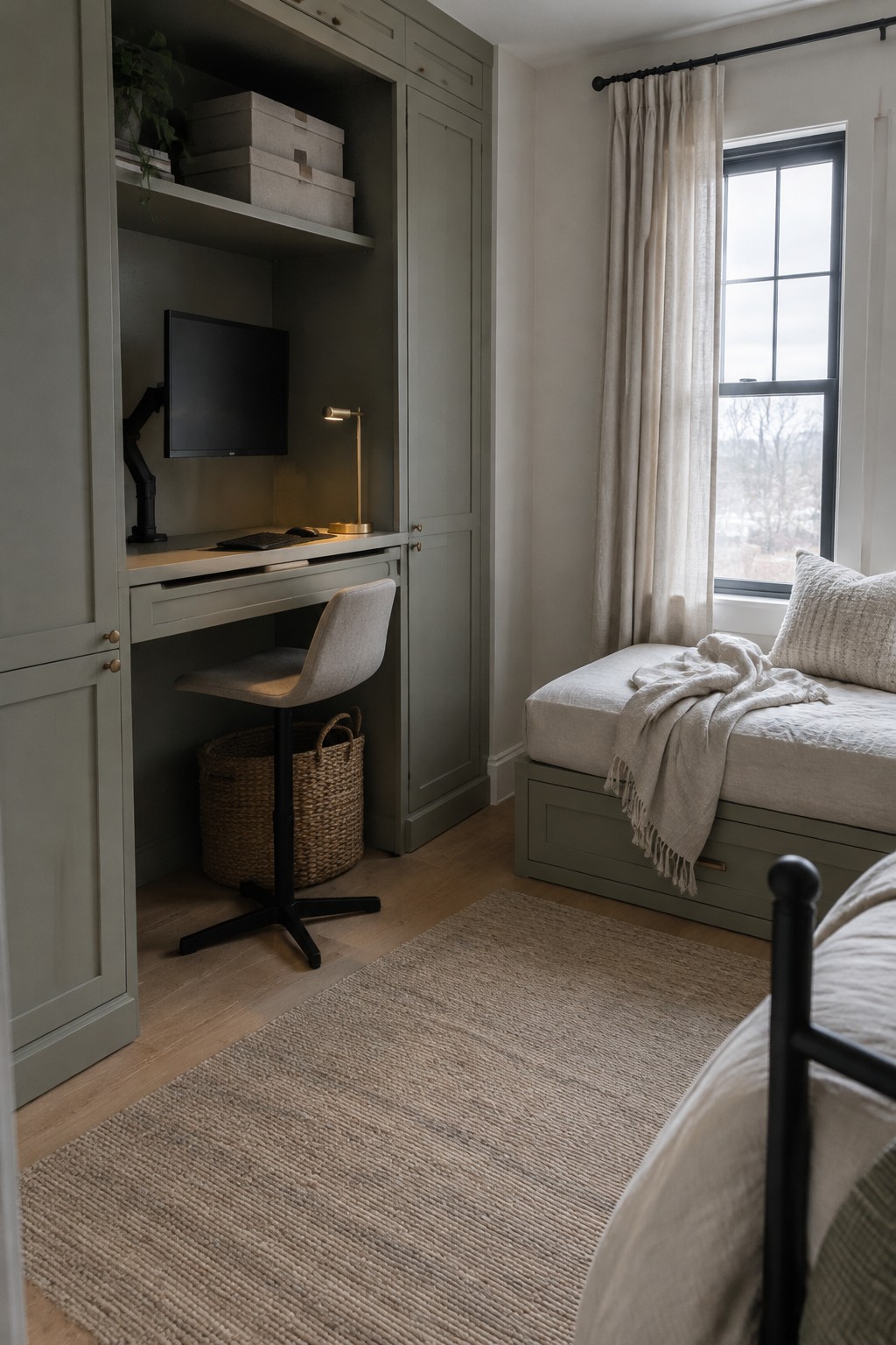 A bedroom interior with a built-in sage green cabinet desk holding a monitor on an arm, a desk chair, woven baskets below, and a daybed with neutral bedding beside a window.