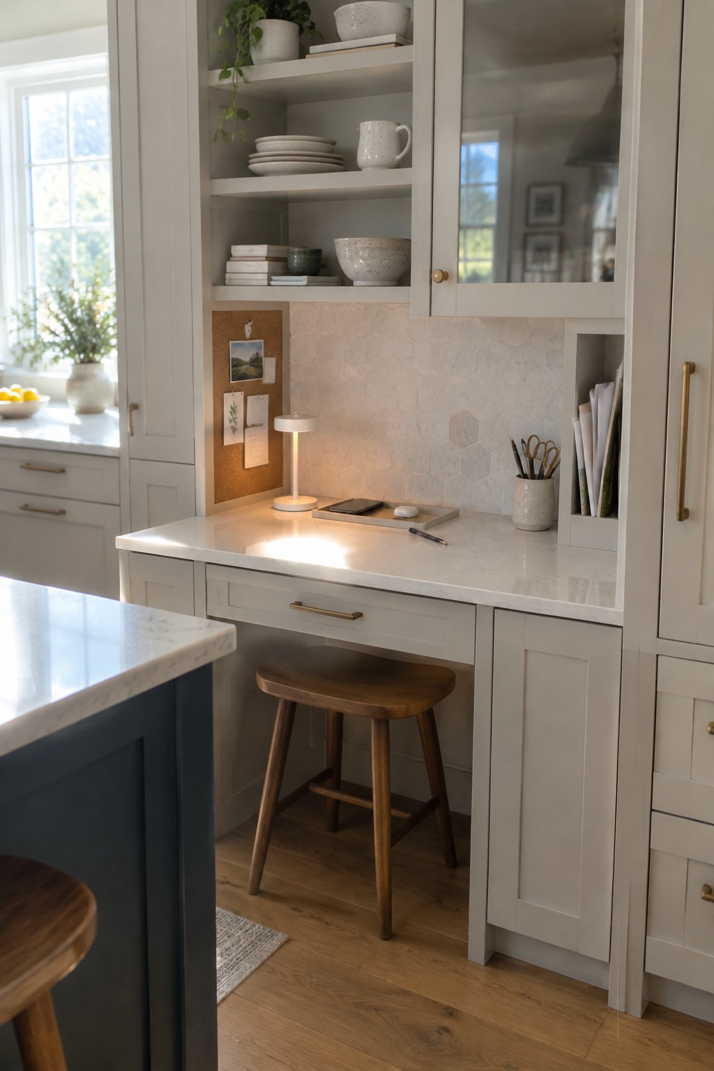 A built-in desk with white marble countertop integrated into light gray cabinetry, open shelves above holding white dishes and books, a wooden stool below, and minimal items on the desk surface including a small lamp and tray.