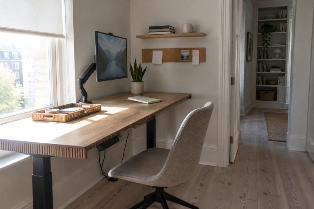 A light wood standing desk with black base and monitor on an arm, positioned under a floating shelf with books and a corkboard with pinned notes on the wall.