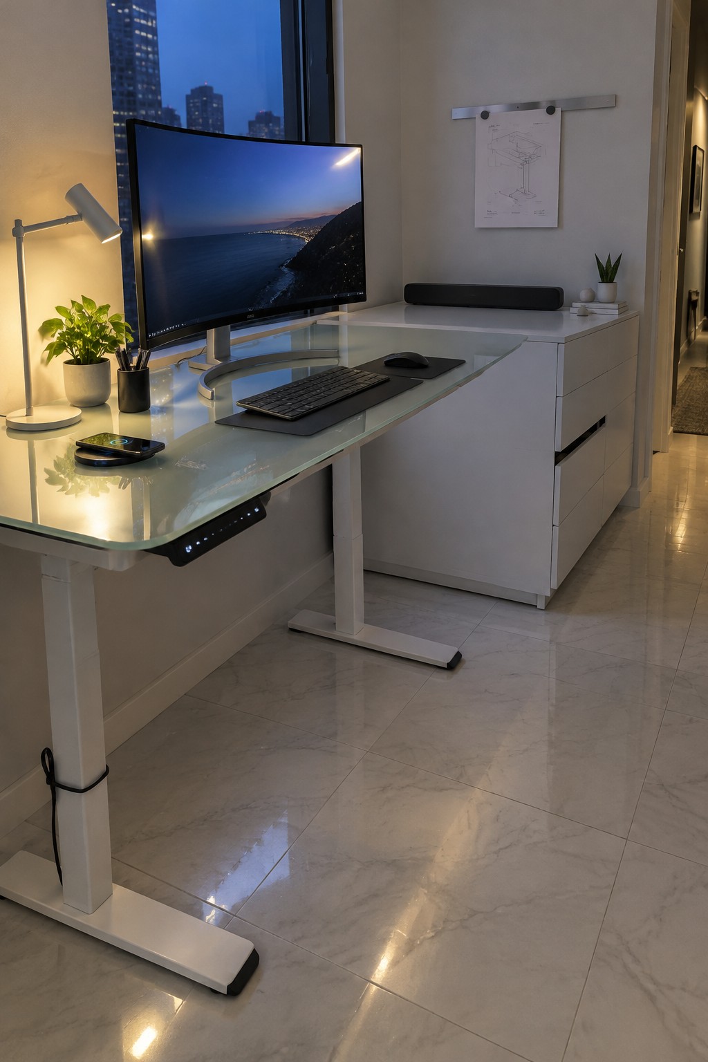 A white standing desk with a glass top holds a curved monitor, keyboard, and mouse beside a white storage cabinet in a home office.