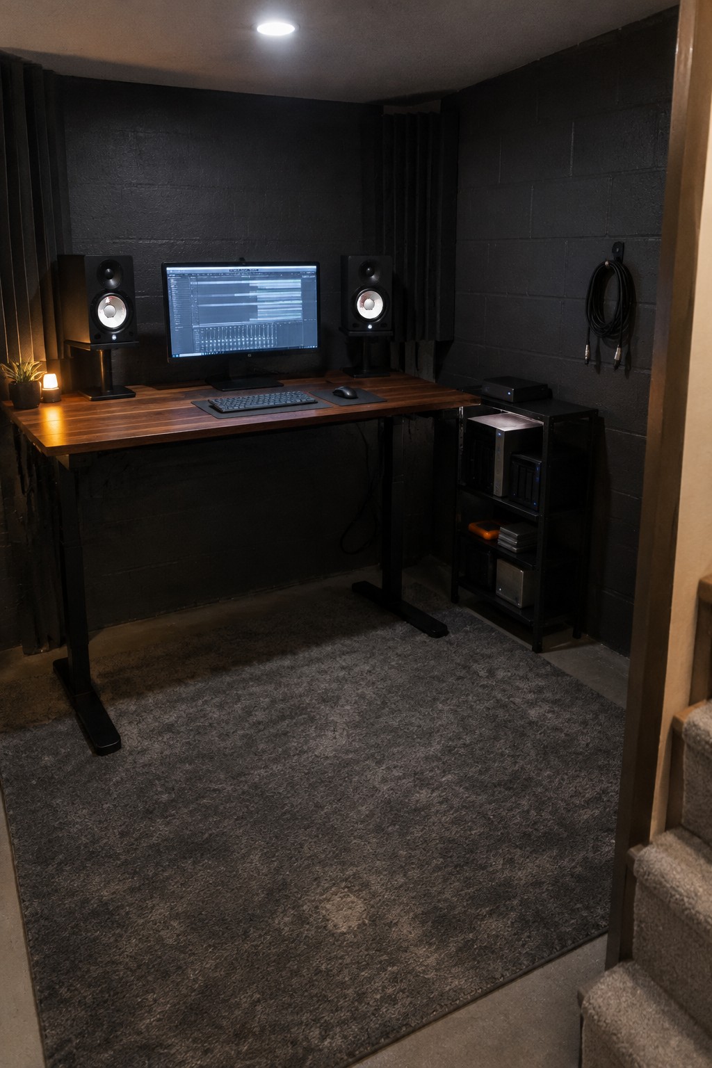 Modern home studio with wooden desk, monitor, studio speakers, and storage shelves in dim room.
