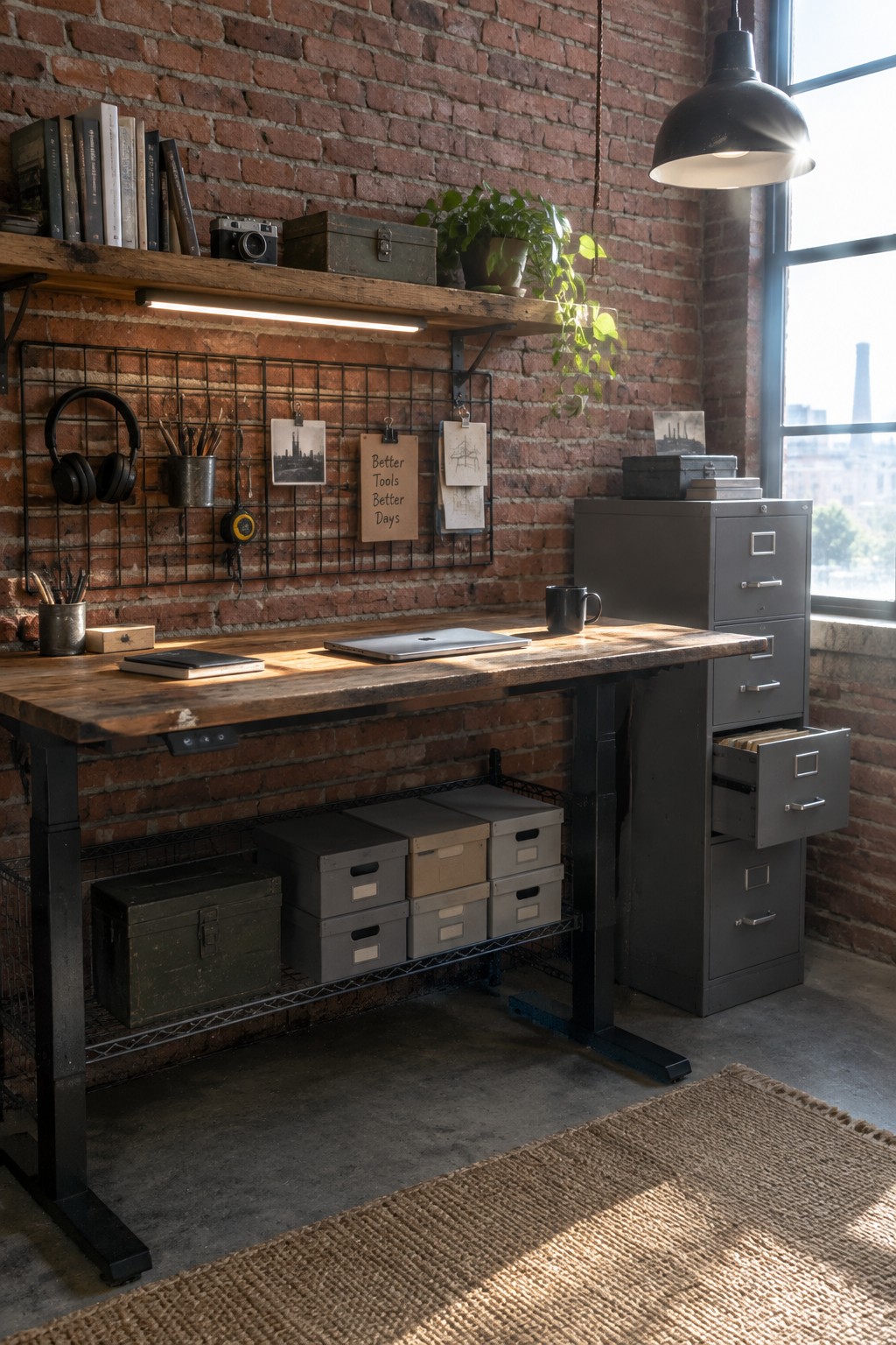 Rustic wooden desk in industrial brick office with laptop, plants, and metal storage.