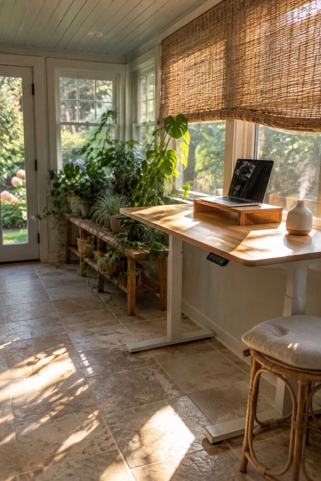 An adjustable standing desk with a laptop on a wooden riser and a small ceramic diffuser sits in a sunlit room with large windows, woven blinds, potted plants on a bench, and stone tile flooring.