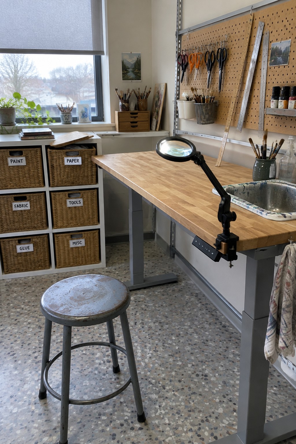 Wooden art table with magnifying lamp, pegboard tools, sink, and labeled baskets