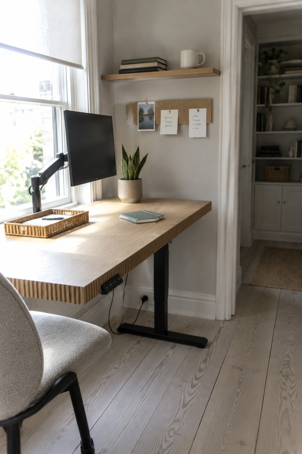 A light wood standing desk with black base and monitor on an arm, positioned under a floating shelf with books and a corkboard with pinned notes on the wall.