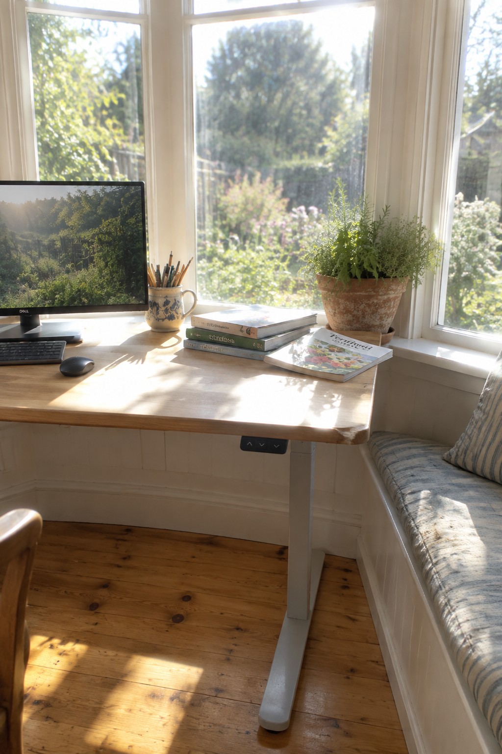 A light wood standing desk with a monitor, keyboard, mouse, and a few stacked books sits in front of a bay window, with a potted plant resting on the windowsill.