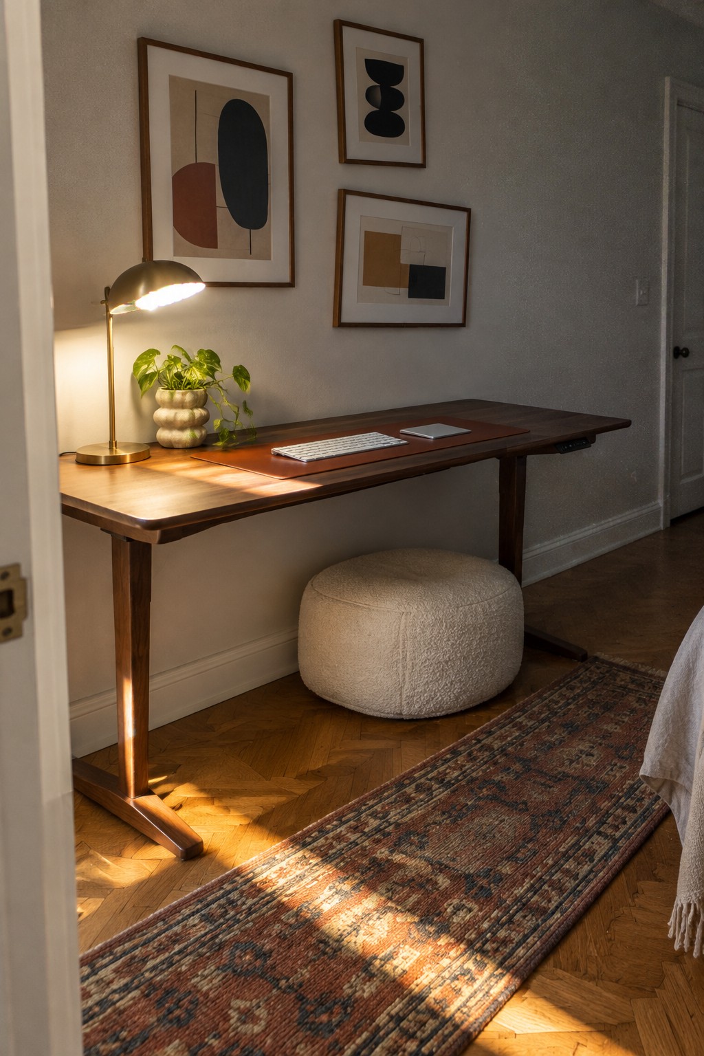 A wooden standing desk with a lit brass lamp, potted plant, keyboard, and tablet on a leather mat, a round beige ottoman underneath, three framed abstract prints on the wall, and a patterned runner rug on herringbone flooring.